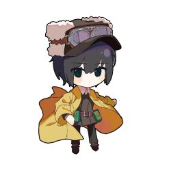 Rule 34 | 1girl, androgynous, belt, belt pouch, black footwear, black hair, blush stickers, brown belt, brown hat, brown jacket, brown pants, chibi, closed mouth, coat, commentary, dot mouth, expressionless, full body, fur hat, goggles, goggles on headwear, green eyes, hair between eyes, hat, jacket, kino (kino no tabi), kino no tabi, looking at viewer, outstretched arm, pale skin, pants, pouch, short hair, simple background, solo, standing, tomboy, trench coat, ushanka, white background, ydpfa, yellow coat
