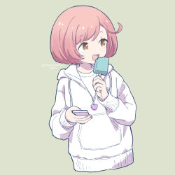 Rule 34 | 1girl, brown eyes, commentary request, cropped torso, food, grey background, holding, holding food, holding popsicle, hood, hood down, kiratto pri chan, long sleeves, looking to the side, open mouth, pink hair, popsicle, pretty series, shiawase naru, short hair, simple background, smile, solo, terayamaden, upper body