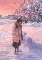 Rule 34 | 1girl, bare tree, black hair, black pantyhose, down jacket, full body, hand in pocket, house, jacket, long hair, original, outdoors, pantyhose, power lines, scarf, scenery, shoes, sneakers, snow, standing, sunset, tree, white jacket, yeyuan33