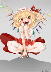 Rule 34 | 1girl, blonde hair, blush, bow, flandre scarlet, hat, hat bow, heart, highres, mob cap, open mouth, panties, pointy ears, red bow, red eyes, red skirt, shirt, short sleeves, skirt, slit pupils, solo, spread legs, squatting, thighhighs, touhou, underwear, white panties, white shirt, wings, yazato ichimushi