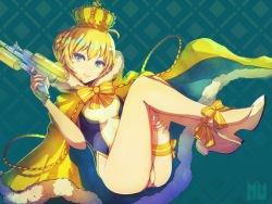 Rule 34 | 1girl, artoria pendragon (fate), artoria pendragon (swimsuit archer) (fate), artoria pendragon (swimsuit archer) (third ascension) (fate), ass, bad id, bad pixiv id, blonde hair, blue cloak, blue eyes, blush, bow, breasts, cloak, closed mouth, commentary request, crown, fate/grand order, fate (series), fingernails, full body, fur-trimmed cloak, fur-trimmed hood, fur trim, hair between eyes, hand up, head tilt, high heels, holding, hood, hood down, hood up, looking at viewer, medium breasts, mini crown, minyom, one-piece swimsuit, shoes, smile, solo, striped, striped bow, swimsuit, water gun, white footwear, white one-piece swimsuit, yellow bow, yellow cloak