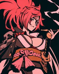 Rule 34 | 1girl, amputee, baiken, big hair, breasts, cleavage, eyepatch, facial tattoo, guilty gear, guilty gear strive, japanese clothes, katana, kimono, large breasts, long hair, moshimoshibe, one-eyed, open clothes, open kimono, pink hair, ponytail, samurai, scar, scar across eye, scar on face, simple background, smile, solo, sword, tattoo, weapon, white kimono