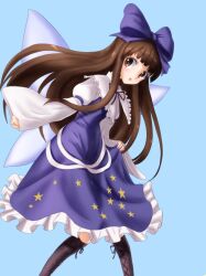 Rule 34 | 1girl, :d, ankake hitokaji, blue background, blue bow, blue dress, blunt bangs, boots, bow, brown eyes, brown hair, commentary request, dress, fairy wings, flat chest, floating hair, frilled shirt collar, frills, hair bow, highres, juliet sleeves, knee boots, long hair, long sleeves, open mouth, puffy sleeves, simple background, sleeves past wrists, smile, solo, star (symbol), star print, star sapphire, touhou, very long hair, wide sleeves, wings