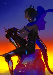 Rule 34 | arjuna (fate), arjuna alter (fate), armor, black hair, dark skin, fate/grand order, fate (series), gold armor, hands on own knees, horns, looking to the side, official art, pako (pakosun), pants, rock, sitting, tail, twilight