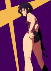 Rule 34 | 1girl, ass, bad id, bad pixiv id, black hair, breasts, competition swimsuit, goggles, hand on own hip, highres, kinta (distortion), kneepits, looking at viewer, looking back, one-piece swimsuit, original, parted lips, purple eyes, short hair, simple background, small breasts, solo, swimsuit