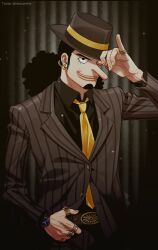 Rule 34 | 1boy, alternate costume, artist name, black eyes, black hair, black shirt, closed mouth, commentary, curly hair, earrings, english commentary, facial hair, formal, goatee, hat, highres, jewelry, long hair, long nose, looking at viewer, male focus, mrs.custard, necktie, one eye closed, one piece, ring, shirt, solo, suit, twitter username, usopp, watch, wristwatch, yellow necktie