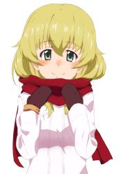 Rule 34 | 1girl, black mittens, blonde hair, blush, carpaccio (girls und panzer), casual, closed mouth, coat, commentary, enpera, girls und panzer, green eyes, kayabakoro, long hair, long sleeves, looking at viewer, mittens, red scarf, scarf, simple background, smile, solo, textless version, upper body, white background, white coat, winter clothes