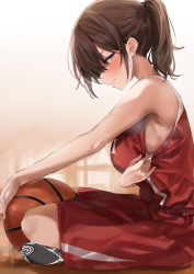 Rule 34 | 1girl, armpits, ball, bare arms, bare shoulders, basketball, basketball (object), basketball uniform, blue eyes, blush, breasts, brown hair, commentary request, crossed legs, from side, gym shorts, highres, large breasts, looking at viewer, medium hair, on floor, original, ponpon nun, ponytail, profile, red shirt, red shorts, shirt, shorts, sitting, sleeveless, sleeveless shirt, solo, sportswear, sweat