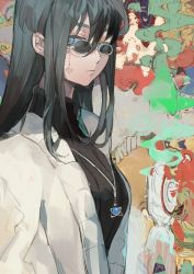 Rule 34 | 1girl, abstract background, absurdres, black hair, blue eyes, chocolate (jitong), coat, glasses, highres, jewelry, looking to the side, necklace, original, sweater, turtleneck, turtleneck sweater, white coat