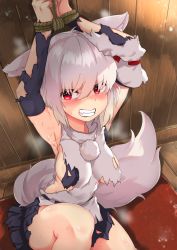 Rule 34 | 1girl, absurdres, ahoge, angry, animal ears, bad id, bad pixiv id, bare shoulders, black skirt, blush, breasts, commentary, commentary request, damaged, detached sleeves, dress, hat, highres, huge filesize, inubashiri momiji, large breasts, looking at viewer, medium skirt, no headwear, no headwear, pom pom (clothes), red eyes, restrained, ribbon-trimmed sleeves, ribbon trim, rope, shirokaba114, shirt, short hair, silver hair, skirt, sleeveless, sleeveless shirt, solo, sweat, tail, tokin hat, torn clothes, torn dress, torn shirt, torn skirt, torn sleeves, touhou, turtleneck, white shirt, wolf ears, wolf tail