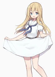 Rule 34 | 1girl, :d, belt, belt buckle, black belt, blonde hair, blue eyes, blue neckerchief, buckle, dress, grey background, hair between eyes, highres, itsumi (itumiyuo), long hair, neckerchief, oohoshi awai, open mouth, puffy short sleeves, puffy sleeves, sailor collar, sailor dress, saki (manga), short sleeves, simple background, skirt hold, smile, solo, very long hair, white dress, white sailor collar
