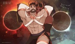Rule 34 | 2boys, alternate costume, armpits, arms around neck, arms up, bara, bare pectorals, beard, black skirt, brown hair, colored skin, commentary, couple, crown, demon boy, demon horns, english commentary, facial hair, gemini (constellation), gemini (symbol), gemini (zodiac), highres, horns, interspecies, male focus, mature male, multiple boys, muscular, muscular male, navel, original, pectorals, pointy ears, red skin, short hair, sideburns, skirt, skitsoepic, thick thighs, thighhighs, thighs, yaoi, zodiac
