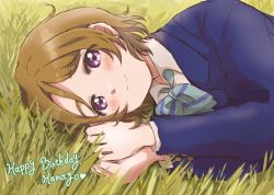 Rule 34 | 1girl, artist name, artist request, blue bow, blue cardigan, blue jacket, blurry, blush, bow, bowtie, breasts, brown hair, cardigan, collared shirt, depth of field, female focus, fish hachi (sakanahachi), grass, hair between eyes, highres, jacket, koizumi hanayo, long sleeves, looking at viewer, love live!, love live! school idol project, lying on ground, otonokizaka school uniform, outdoors, parted lips, purple eyes, sakanahachi, school uniform, shirt, short hair, solo, striped, striped bow, upper body, white shirt
