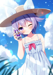 Rule 34 | 1girl, ;), bare arms, bare shoulders, blue dress, blue sky, blush, brown hat, can, closed mouth, cloud, cloudy sky, collarbone, day, dress, frilled dress, frills, hair between eyes, hand up, hat, holding, holding can, indie virtual youtuber, kyue (vtuber), leaning to the side, mauve, one eye closed, outdoors, purple eyes, purple hair, sky, sleeveless, sleeveless dress, smile, solo, sun hat, virtual youtuber