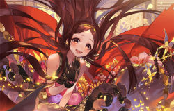 Rule 34 | 1girl, black gloves, black kimono, blush, bow, brown eyes, brown hair, bug, butterfly, chacha (fate), cherry blossom print, commentary, earrings, facing viewer, fate/grand order, fate (series), floral print, frills, gloves, hairband, hand on own chest, hand up, insect, japanese clothes, jewelry, kimono, long hair, obi, open mouth, orange sekaii, petals, pink bow, pom pom (clothes), print kimono, red sash, sash, sleeveless, sleeveless kimono, smile, solo