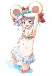 Rule 34 | 1girl, animal ears, armpits, bow, daniel (artist), fake animal ears, granblue fantasy, hair ornament, hairband, looking at viewer, mouse ears, open mouth, red eyes, simple background, skirt, smile, solo, star-shaped eyewear, star (symbol), swimsuit, thigh strap, vikala (granblue fantasy), white background, white hair, white skirt