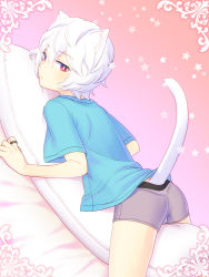Rule 34 | 1boy, animal ears, ass, blue shirt, blush, boxer briefs, cat boy, cat ears, cat tail, grey boxer briefs, grey male underwear, hair between eyes, jewelry, kuga yuuma, looking at viewer, looking to the side, male focus, male underwear, on pillow, pillow, red eyes, ring, roromo, shirt, solo, straddling, t-shirt, tail, underwear, white hair, world trigger