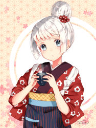 Rule 34 | 1girl, :o, bad id, bad pixiv id, blue eyes, blush, copyright request, cup, floral print, flower, hair bun, hair flower, hair ornament, head tilt, highres, holding, holding cup, japanese clothes, kimono, looking at viewer, nunucco, parted lips, print kimono, red flower, red kimono, short sleeves, sidelocks, signature, silver hair, single hair bun, solo, steam, wide sleeves