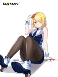 Rule 34 | 1girl, ;o, ace (playing card), ace of hearts, alternate hair color, ankle boots, arm support, back-seamed legwear, bare arms, bare shoulders, belt, blonde hair, blue belt, blue bow, blue footwear, blue necktie, blue skirt, blue vest, blue wrist cuffs, bob cut, boots, bow, breasts, brown pantyhose, card, closers, collared shirt, copyright name, croupier, dress shirt, eight of diamonds (playing card), fallen down, fold-over boots, footwear bow, four of clubs, full body, furrowed brow, hand up, heart, high heels, highres, knees up, levia (closers), logo, medium breasts, miniskirt, necktie, no pupils, object on head, official art, on ground, one eye closed, pantyhose, pencil skirt, playing card, pointy ears, purple eyes, queen (playing card), queen of clubs, seamed legwear, shadow, shirt, short hair, sideboob, sitting, skirt, sleeveless, sleeveless shirt, solo, sweat, swept bangs, tachi-e, two-tone footwear, two of spades, vest, waistcoat, white background, white bow, white footwear, white shirt, wrist bow, wrist cuffs