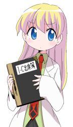 Rule 34 | 1girl, blonde hair, blue eyes, book, closed mouth, coat, collared shirt, dokan (dkn), dot mouth, dot nose, fingernails, green shirt, holding, holding book, lab coat, light blush, long hair, necktie, pani poni dash!, rebecca miyamoto, red necktie, shirt, simple background, sleeves past wrists, solo, white background, white coat