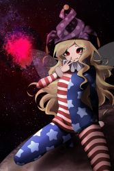 Rule 34 | 1girl, :p, absurdres, american flag, american flag print, arm support, asteroid, asymmetrical legwear, blonde hair, blue nails, clownpiece, collar, fairy wings, fingers to mouth, flag print, frilled collar, frills, fur-trimmed sleeves, fur trim, hand up, hat, highres, inoshin (inixia1748), jester cap, long hair, messy hair, mismatched legwear, multicolored nails, nail polish, pantyhose, polka dot headwear, print pantyhose, red eyes, red nails, solo, space, spread legs, squatting, star (sky), star (symbol), star print, starry background, striped clothes, striped pantyhose, tongue, tongue out, touhou, transparent wings, very long hair, wings