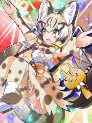 Rule 34 | 1girl, animal ear fluff, animal ears, bow, bowtie, cat, cat ears, cat girl, cat tail, extra ears, geoffroy&#039;s cat (kemono friends), green eyes, grey hair, highres, kemono friends, kemono friends v project, kneehighs, long hair, microphone, open mouth, ribbon, rnrwbhybsxj4qgk, shirt, shoes, simple background, skirt, socks, suspenders, tail, twintails, virtual youtuber