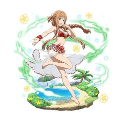 Rule 34 | 1girl, :d, asuna (sao), ball, barefoot, beachball, bikini, bikini top only, braid, breasts, brown eyes, brown hair, cleavage, faux figurine, floating hair, flower, frilled bikini, frilled bikini top, frills, hair between eyes, leg up, long hair, looking at viewer, medium breasts, official art, open mouth, outstretched arm, palm tree, ponytail, red bikini, sideboob, sidelocks, simple background, single braid, smile, solo, standing, standing on one leg, swimsuit, sword art online, sword art online: code register, tree, very long hair, white background, wrist cuffs, yellow flower