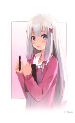 Rule 34 | 10s, 1girl, artist name, blue eyes, blush, bow, closed mouth, drawing tablet, eromanga sensei, gradient hair, hair bow, holding, izumi sagiri, light smile, long hair, low-tied long hair, multicolored hair, pink hair, revision, rods, silver hair, smile, solo, stylus, upper body
