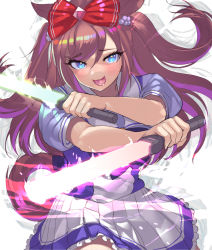 Rule 34 | 1girl, :d, agnes digital (umamusume), animal ears, blouse, blue eyes, bow, brown hair, commentary request, drooling, dual wielding, frilled skirt, frills, glowstick, hair bow, holding, horse ears, horse girl, horse tail, long hair, looking at viewer, open mouth, puffy short sleeves, puffy sleeves, purple shirt, red bow, school uniform, shirt, short sleeves, skirt, smile, solo, tadano magu, tail, tracen school uniform, umamusume
