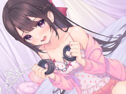 Rule 34 | 1girl, brown hair, camisole, cuffs, dutch angle, hair between eyes, handcuffs, highres, hio (hiohio0306), jacket, looking at viewer, on bed, open clothes, open jacket, open mouth, pink eyes, pink jacket, purple eyes, sitting, solo, tagme