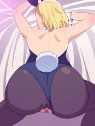 Rule 34 | 1girl, android 18, animal ears, anus, ass, back, bare shoulders, bed, blonde hair, censored, dragon ball, dragonball z, earrings, engawa suguru, fake animal ears, fake tail, from behind, highres, huge ass, jewelry, legs, leotard, mosaic censoring, no panties, pantyhose, playboy bunny, pussy, rabbit ears, short hair, solo, sweat, tail, thighs, top-down bottom-up, torn clothes, torn pantyhose, wrist cuffs