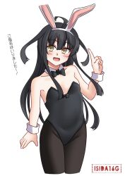 Rule 34 | 1girl, ahoge, animal ears, black hair, black leotard, black pantyhose, blush, bow, bowtie, covered navel, cowboy shot, crescent, crescent pin, detached collar, highres, ishida arata, kantai collection, leotard, long hair, looking at viewer, mikazuki (kancolle), open mouth, pantyhose, playboy bunny, rabbit ears, simple background, smile, strapless, strapless leotard, traditional bowtie, twitter username, white background, wrist cuffs, yellow eyes