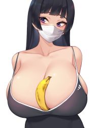 Rule 34 | 1girl, adidas, arms behind back, banana, bare shoulders, between breasts, black tank top, breasts, commentary request, curvy, derivative work, food, fruit, highres, huge breasts, kuavera, long hair, mask, mole, mole under eye, mouth mask, photo-referenced, purple eyes, real life, surgical mask, tank top, upper body