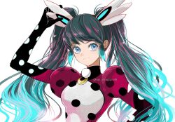 Rule 34 | 1girl, blue eyes, blue hair, bodysuit, closed mouth, earrings, head wings, highres, jewelry, long hair, looking at another, marinette dupain-cheng, miraculous ladybug, pennybug (character), pink bodysuit, seio (nao miragggcc45), simple background, smile, solo, superhero costume, twintails, upper body, white background, wings