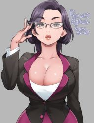 Rule 34 | 1girl, 2021, adjusting eyewear, agawa ryou, black-framed eyewear, breasts, brown eyes, cleavage, commentary, dated, english commentary, formal, grey background, huge breasts, lips, long hair, looking at viewer, mature female, mole, mole under eye, parted lips, purple hair, raised eyebrows, simple background, solo, thick eyebrows, thick lips