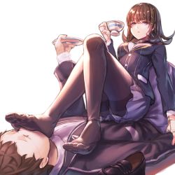 Rule 34 | 1boy, 1girl, asisuki, brown hair, crossed legs, cup, feet, femdom, foot on another&#039;s face, foot on head, glasses, hair ornament, hairclip, highres, loafers, long hair, looking at viewer, panties, pantyhose, pantyshot, parted lips, purple eyes, shoes, sitting, sitting on person, soles, teacup, underwear, unworn shoes