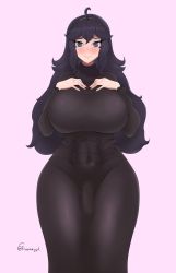 Rule 34 | 1futa, absurdres, alternate breast size, black dress, breasts, bulge, creatures (company), curvy, dress, fraankyy, futanari, game freak, hands on own chest, hex maniac (pokemon), highres, large breasts, long dress, looking at viewer, messy hair, nail polish, nintendo, pokemon, pokemon xy, purple eyes, purple hair, socks, solo, standing, thick thighs, thighs, wide hips
