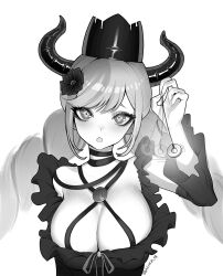 Rule 34 | 1girl, artist name, brassica, breasts, cleavage, coin, coin on string, detached sleeves, dress, frilled dress, frills, hair ornament, highres, horns, large breasts, long eyelashes, master detective archives: rain code, motion lines, neck ribbon, open mouth, original, ribbon, shinigami (rain code), solo, swept bangs, twintails, upper body