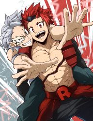 Rule 34 | 2boys, abs, armband, artist name, bare pectorals, belt, black pants, boku no hero academia, carrying, costume, eye mask, headgear, highres, holding person, kirishima eijirou, kuroshinki, looking at viewer, male focus, multicolored background, multiple boys, muscular, muscular male, outstretched arms, pants, pectorals, piggyback, red eyes, red hair, riding, short hair, silver hair, spiked hair, spread fingers, tetsutetsu tetsutetsu, twitter username