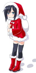 Rule 34 | 10s, 1girl, alternate costume, asashio (kancolle), bad id, bad pixiv id, black hair, black thighhighs, blue eyes, blush, boots, christmas, dd (ijigendd), footprints, full body, fur boots, fur trim, hat, holding, kantai collection, long hair, over-kneehighs, red footwear, sack, santa boots, santa costume, santa hat, snow, solo, standing, thighhighs