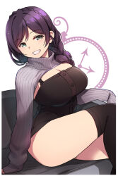 Rule 34 | 1girl, black thighhighs, braid, braided ponytail, breasts, clenched teeth, duke (inu daimyou), green eyes, grey sweater, large breasts, long hair, looking at viewer, love live!, love live! school idol project, purple hair, ribbed sweater, sitting, smile, solo, sweater, teeth, thighhighs, thighs, tojo nozomi, turtleneck, turtleneck sweater, white background