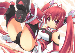 Rule 34 | &gt;:), 1girl, ass, bodysuit, breasts, crotch, gender request, genderswap, legs up, looking at viewer, mitsuka souji, ore twintail ni narimasu, red eyes, red hair, small breasts, solo, srwsrx (gp03dsrx), tailred, twintails