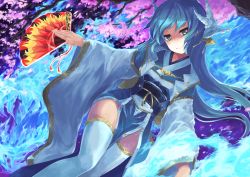 Rule 34 | 1girl, blue hair, cherry blossoms, fate/grand order, fate (series), folding fan, hair ornament, hand fan, highres, japanese clothes, kimono, kiyohime (fate), long hair, long sleeves, looking at viewer, obi, sash, smile, solo, sorano eika, thighhighs, thighs, tree, very long hair, white thighhighs, wide sleeves, yellow eyes, zettai ryouiki