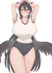 Rule 34 | 1girl, absurdres, armpits, arms behind head, arms up, black buruma, black hair, black wings, blue archive, blush, breasts, buruma, closed mouth, commentary request, cowboy shot, curvy, feathered wings, gym shirt, gym uniform, hair between eyes, halo, hasumi (blue archive), highres, huge breasts, large wings, long bangs, long hair, looking at viewer, low wings, marueight08, mole, mole under eye, presenting armpit, red eyes, red halo, shirt, sidelocks, simple background, solo, standing, thick thighs, thighs, very long hair, white background, white shirt, wide hips, wings
