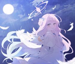 Rule 34 | 1girl, angel wings, blue archive, blush, capelet, closed mouth, dress, feathers, flower, frilled dress, frills, full moon, hair bun, hair flower, hair ornament, halo, highres, long hair, looking at viewer, low wings, medium dress, mika (blue archive), moon, night, night sky, outdoors, pink hair, pink halo, side up bun, single side bun, sky, sleeveless, sleeveless dress, smile, solo, very long hair, white capelet, white dress, wings, yellow eyes, yutanabe