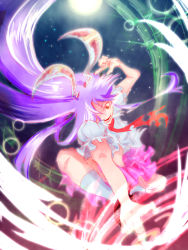 Rule 34 | 1girl, action, animal ears, bad id, bad pixiv id, bamboo, collared shirt, double finger gun, dual wielding, energy, finger gun, full moon, holding, kneehighs, light trail, long hair, looking down, moon, necktie, perspective, pink skirt, puffy short sleeves, puffy sleeves, purple hair, rabbit ears, red eyes, reisen udongein inaba, sashigane, shirt, shoes, short sleeves, skirt, sky, smile, socks, solo, star (sky), starry sky, torn clothes, touhou, very long hair
