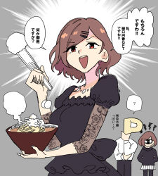 Rule 34 | 1boy, 2girls, black dress, bowl, brown eyes, brown hair, commentary request, dress, folding fan, food, grey background, hair ornament, hairclip, hand fan, highres, higuchi madoka, idolmaster, idolmaster shiny colors, juliet sleeves, long sleeves, multiple girls, niku-name, noodles, open mouth, p-head producer, producer (idolmaster), puffy sleeves, ramen, short hair, sweater, swept bangs, translation request, upper body