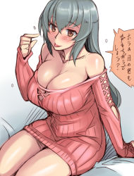 Rule 34 | 1girl, :p, blush, breasts, brown eyes, cleavage, hyougintou, large breasts, long hair, looking at viewer, aged up, ribbed sweater, rozen maiden, silver hair, sitting, smile, solo, sweater, tongue, tongue out, translated, tsuda nanafushi