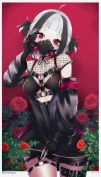 Rule 34 | 1girl, absurdres, belt, black bra, black gloves, black hair, bra, breasts, fishnet top, fishnets, flower, gloves, gradient background, highres, jacket, looking at viewer, mask, medium breasts, neon kuroyuri, o-ring, o-ring thigh strap, open clothes, open jacket, pink eyes, rose, shironagase (artist), short hair, solo, standing, thigh strap, underwear, virtual youtuber, wactor production, white hair