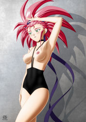 Rule 34 | 1girl, absurdres, blush, breasts, choker, green eyes, hair ribbon, hair slicked back, hakubi washuu, hand on own head, highres, long hair, n.kaname, nipples, one-piece swimsuit, parted lips, red hair, ribbon, signature, solo, spiked hair, standing, swimsuit, tenchi muyou!, topless